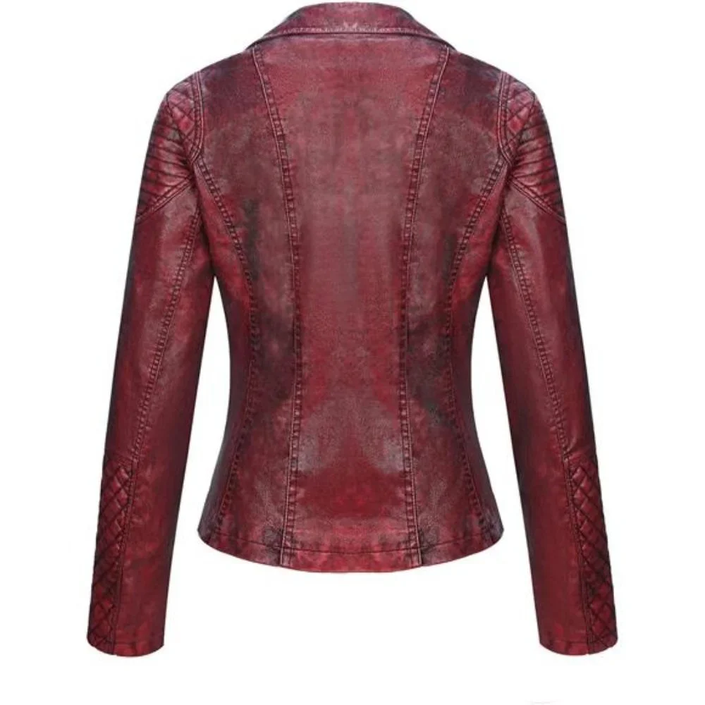 Red Faux‎ Leather Moto Jacket Fitted Quilted Bomber Motorcycle Biker Jacket Coat